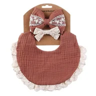 Śliniaki i fartuszki - Zestaw Dwustronny Śliniaczek I Opaski Z Kokardą W Stylu Vintage/Boho Śliniak Muślin Wykończony Koronką - miniaturka - grafika 1
