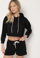 Bluzy sportowe damskie - Czarny Komplet Dresowy z Bawełną Bluza z Kapturem Krótszego Kroju i Szorty Ralophea - miniaturka - grafika 1