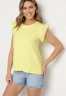 Bluzki damskie - Żółta Bluzka z Bawełny z Ażurowymi Falbankami Zamiast Rękawów Vodelia - miniaturka - grafika 1