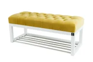Ławki do przedpokoju - Ławka na buty 145cm EMRAWOOD drewno lite kolor biały siedzisko pikowane kolor żółty - miniaturka - grafika 1