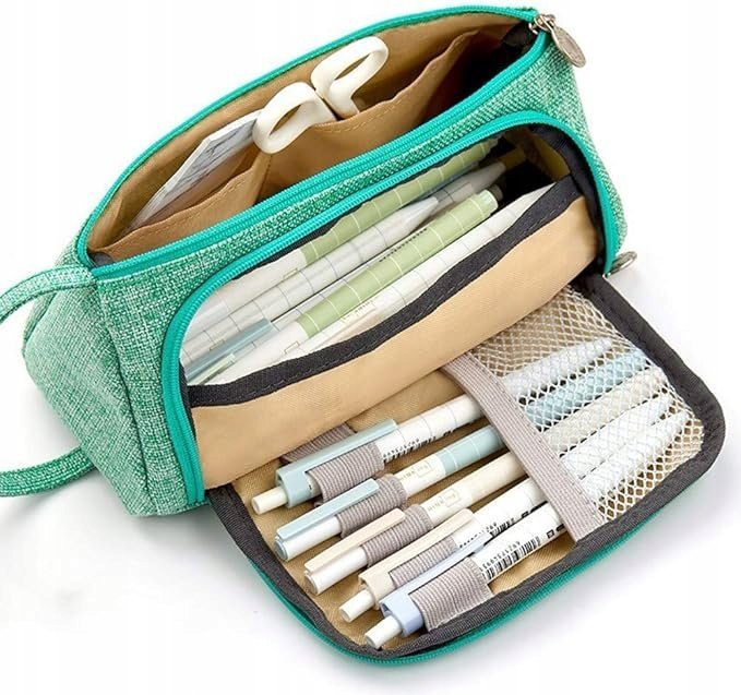 Piórnik duży pojemny 2 zamki lniany organizer zielony 20x11 cm SASZETA LEN