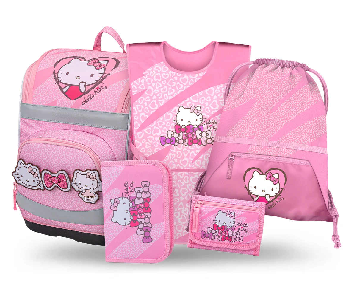 Zestaw Szkolny 5w1 BAAGL Tornister szkolny Zippy Plus Hello Kitty Sweet Leopard Ergonomiczny 21L 28x37x20 cm Różowy dla dziewczynki + Piórnik, Worek..