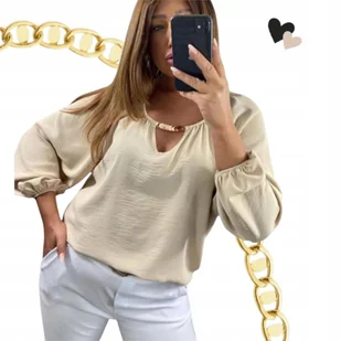 ELEGANCKA BLUZKA ZŁOTY DEKOLT luźna lekka plus size tunika 50 52 5XL 6XL - Bluzki damskie - miniaturka - grafika 1