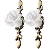 Zawiasy, okucia i inne akcesoria - Dwie zabytkowe ceramiczne gałki do szafek z motywem kwiatowym, uchwyty do drzwi w kształcie róży, uchwyty do szafek kuchennych (dł. - miniaturka - grafika 1