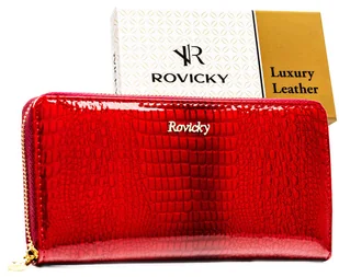 Portfel damski na zamek ROVICKY skórzany lakierowany duży rfid stop czerwony - Portfele - miniaturka - grafika 1