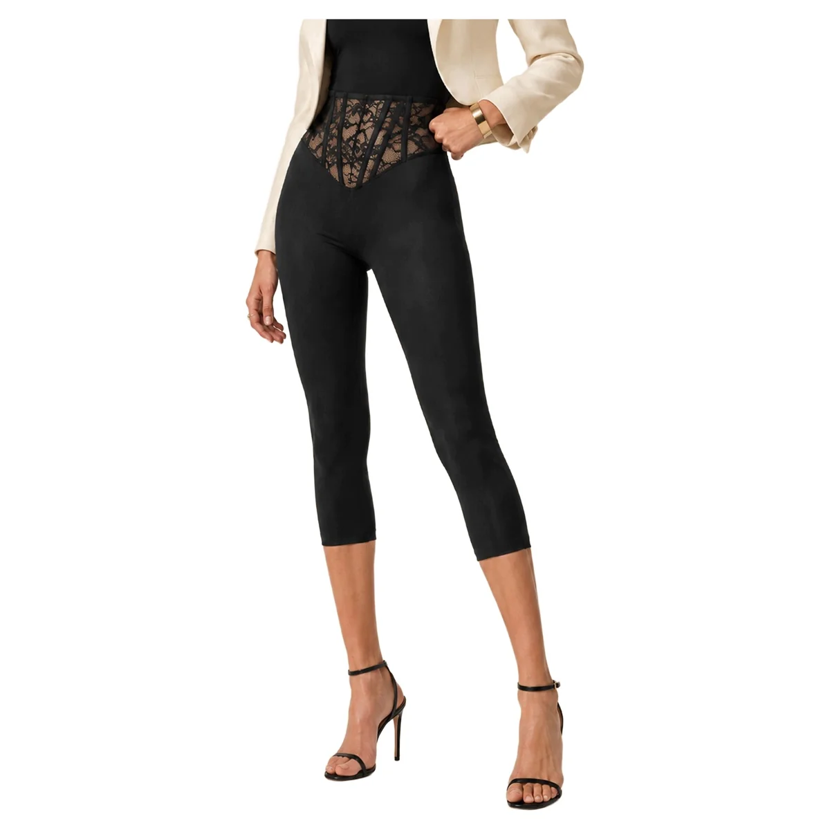 Legginsy damskie 3/4 z koronkowym pasem Mia czarne L Marilyn