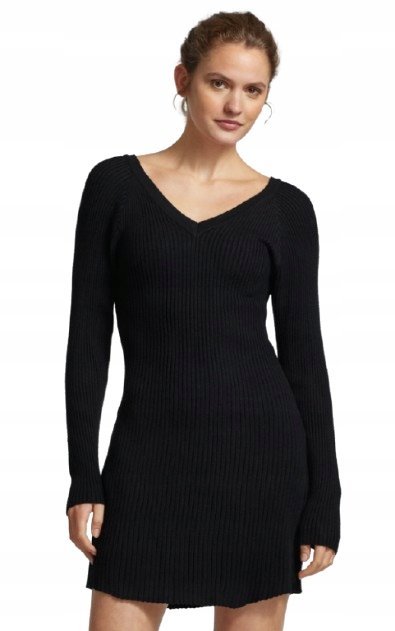 PIECES CZARNA PRĄŻKOWANA SUKIENKA Z DŁUGIM RĘKAWEM DEKOLT V XL J5E