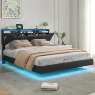 Łóżka - Łóżko tapicerowane Fortuna Lai 140x200cm z USB, łóżko na sprężynach hydraulicznych z miejscem do przechowywania, łóżko młodzieżowe podwójne z LED i stelażem listwowym, łóżko do przechowywania z zagłówkiem i LED, PU, czarne - miniaturka - grafika 1
