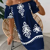 Sukienki - TEMU Wielokolorowa Sukienka z Odkrytymi Ramionami w Kwiaty dla Kobiet - Granatowo-Biała Półprzezroczysta Obcisła Mini na Wiosnę Jesień, Przyjęcie - miniaturka - grafika 1