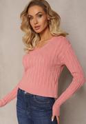 Swetry damskie - Różowy Sweter z Dekoltem w Serek i Warkoczykowym Splotem Silmirra - miniaturka - grafika 1