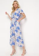 Kombinezony - Niebiesko-Biały Kombinezon z Wiskozy z Dekoltem w Serek i Gumką w Pasie Simolla - miniaturka - grafika 1