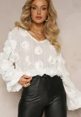 Bluzki damskie - Biała Ażurowa Bluzka w Perły i Ozdobne Kwiaty Panaly - miniaturka - grafika 1