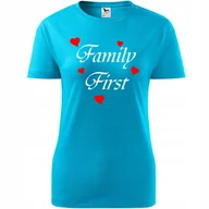 Koszulki i topy damskie - Damska Koszulka na Dzień Mamy Family First na Prezent dla Mamy Urodziny turkusowy M - miniaturka - grafika 1