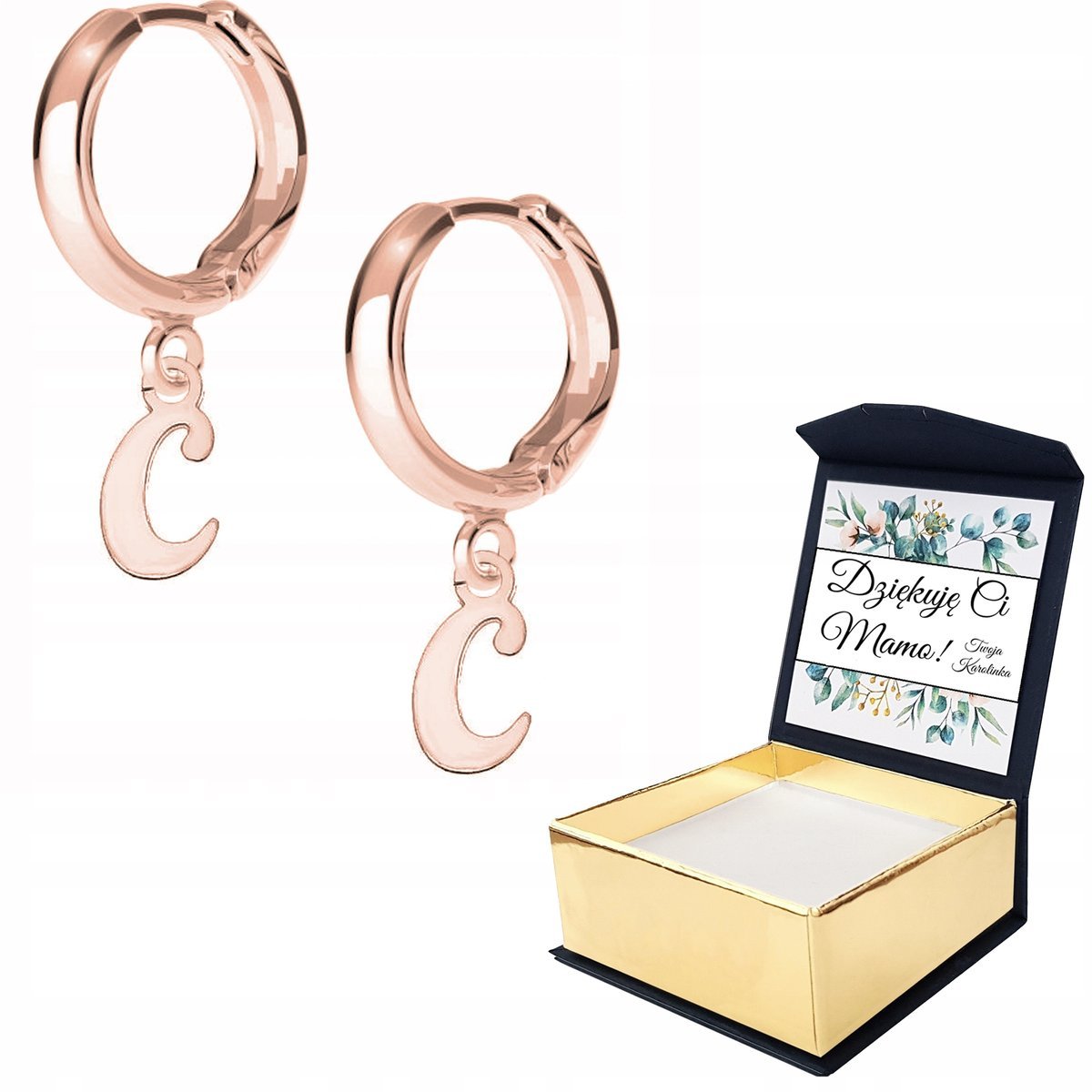 Kolczyki różowe złoto Mała Literka C WŁASNY NADRUK