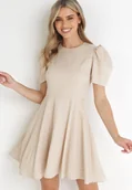 Sukienki - Beżowa Sukienka z Krótkim Bufiastym Rękawem Akazane - miniaturka - grafika 1