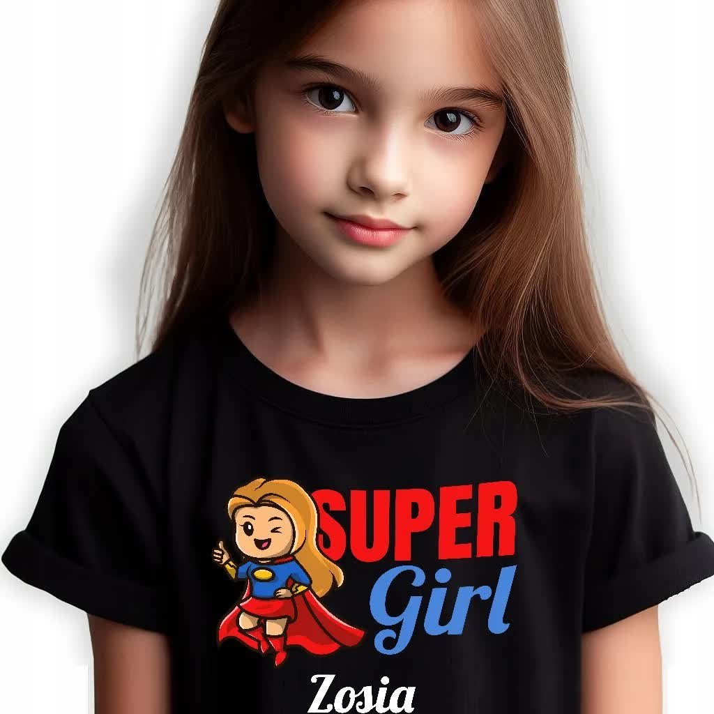 KOSZULKA DZIECIĘCA CZARNA SUPER GIRL Własne IMIĘ Personalizowana - 146 cm