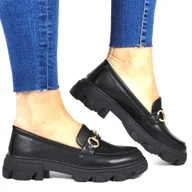 Czółenka - DAMSKIE MOKASYNY NA GRUBEJ PODESZWIE PÓŁBUTY ZE SPRZĄCZKĄ LIBRA POP 956 CZARNE MATOWE - miniaturka - grafika 1