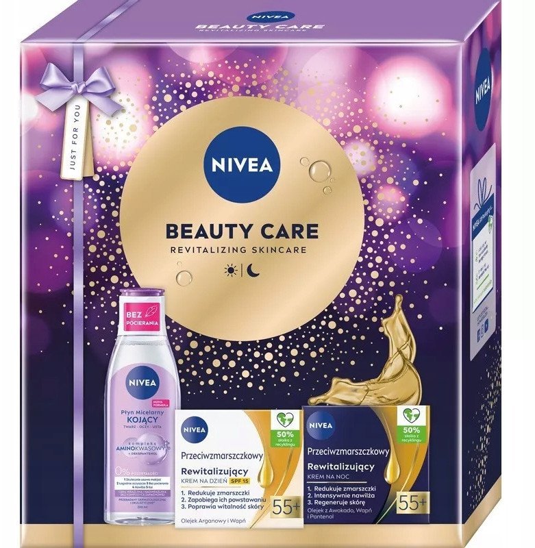 NIVEA_SET Beauty Care Przeciwzmarszczkowy rewitalizujący krem na dzień SPF15 55+ 50ml + Przeciwzmarszczkowy rewitalizujący krem na noc 55+ 50ml + Kojący płyn micelarny 200ml