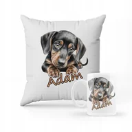 Gadżety dla niej i dla niego - ZESTAW PODUSZKA + KUBEK Prezent pies jamnik + IMIĘ - miniaturka - grafika 1
