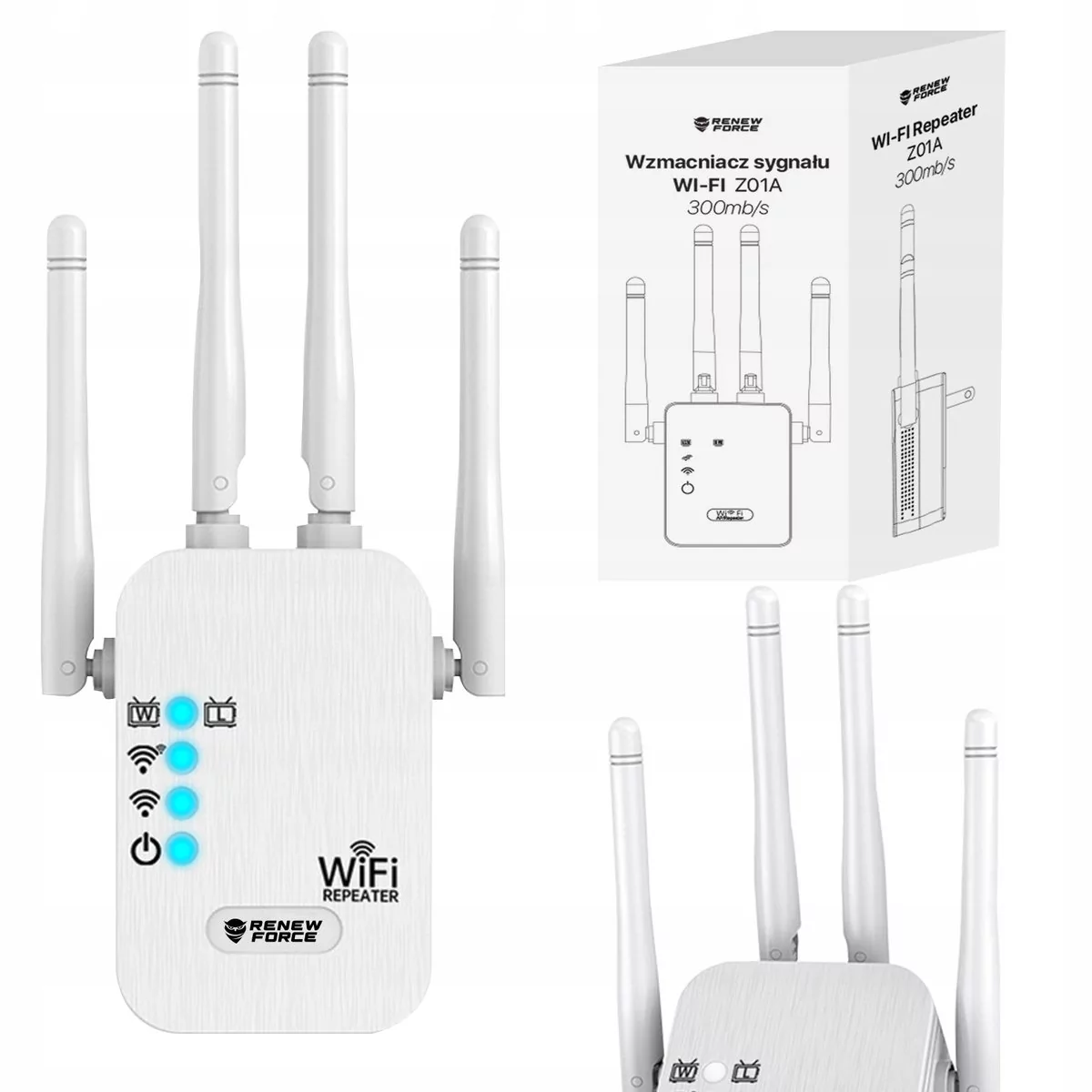 Wzmacniacz sygnału Wi-Fi repeater 300Mb/s 2.4G duży zasięg 4 anteny MOCNY Z01A