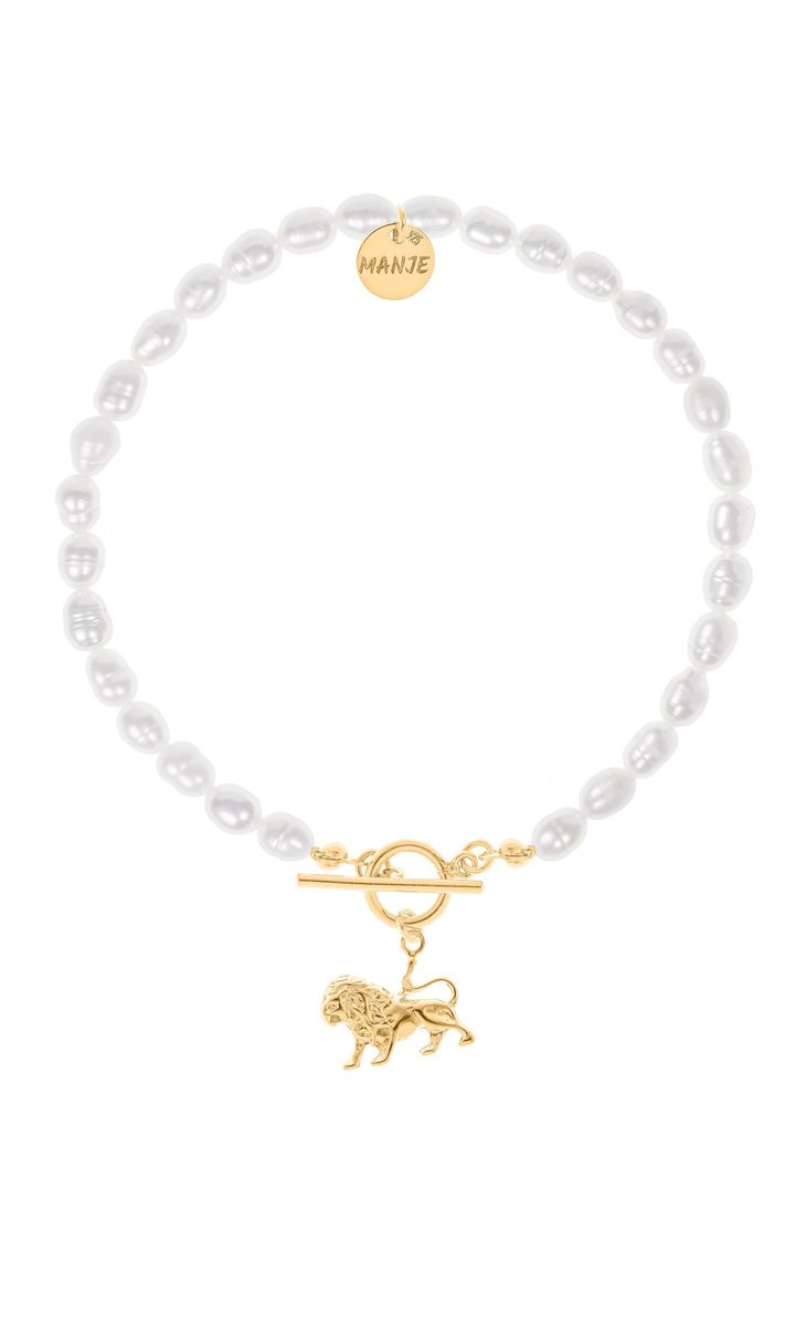 Bransoletka z pereł z pozłacanym znakiem zodiaku Lew 19 cm
