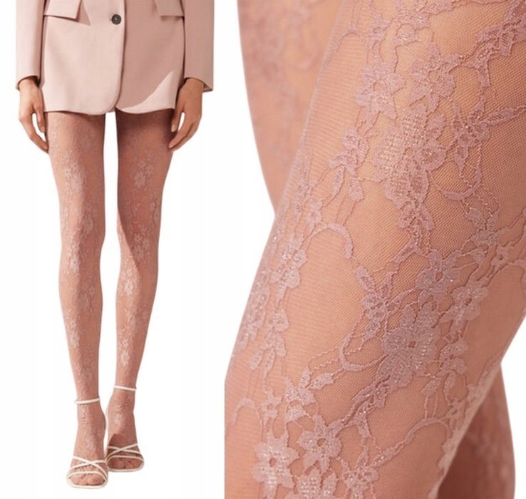 Rajstopy wzorzyste Calzedonia 30den różowy kwiaty rosa koronka rozmiar M