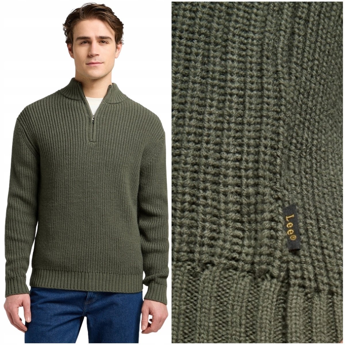 Lee CLEAN HALF ZIP KNIT Olive rozpinany męski sweter na stójce 50% wełny L