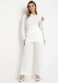 Komplety damskie - Biały Komplet z Spodnie Prostymi Nogawkami i Bluzka z Paskiem Carenesa - miniaturka - grafika 1