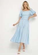 Sukienki - Niebieska Sukienka Rozkloszowana z Wiskozy z Kwadratowym Dekoltem i Drapowaniem Napessia - miniaturka - grafika 1