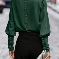 Bluzki damskie - TEMU Elegancka Bluzka z Długim Rękawem i Okrągłym Dekoltem - Koszulka z Kołnierzykiem, Regularny Fason H-Line, Jednokolorowa, Pranie w Praniu - miniaturka - grafika 1