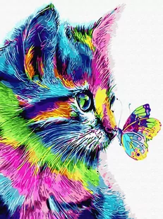 Haft Diamentowy Bez Ramy Tęczowy Kot Z Motylem 30x40 Mozaika Diamentowa 5d - Zabawki kreatywne - miniaturka - grafika 1