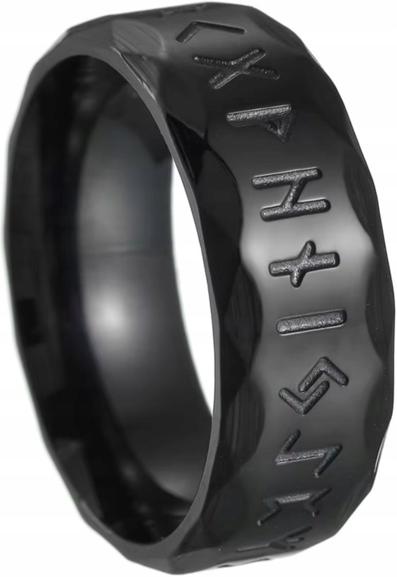Czarny Nordycki Pierścień z Runicznymi Symbolami Runy Wiking Skandynawski