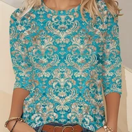 Bluzki damskie - TEMU Bluzka Damska z Kwiatowym Wzorem – Nieprześwitująca Koszulka z Turkusowo-Złotymi Motywami, Pranie w Praniu Maszynowym, Casualowa Bluzka na - miniaturka - grafika 1