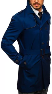 Płaszcze męskie - Niebieski dwurzędowy płaszcz męski prochowiec z wysokim kołnierzem i paskiem Denley 0001 - grafika 1