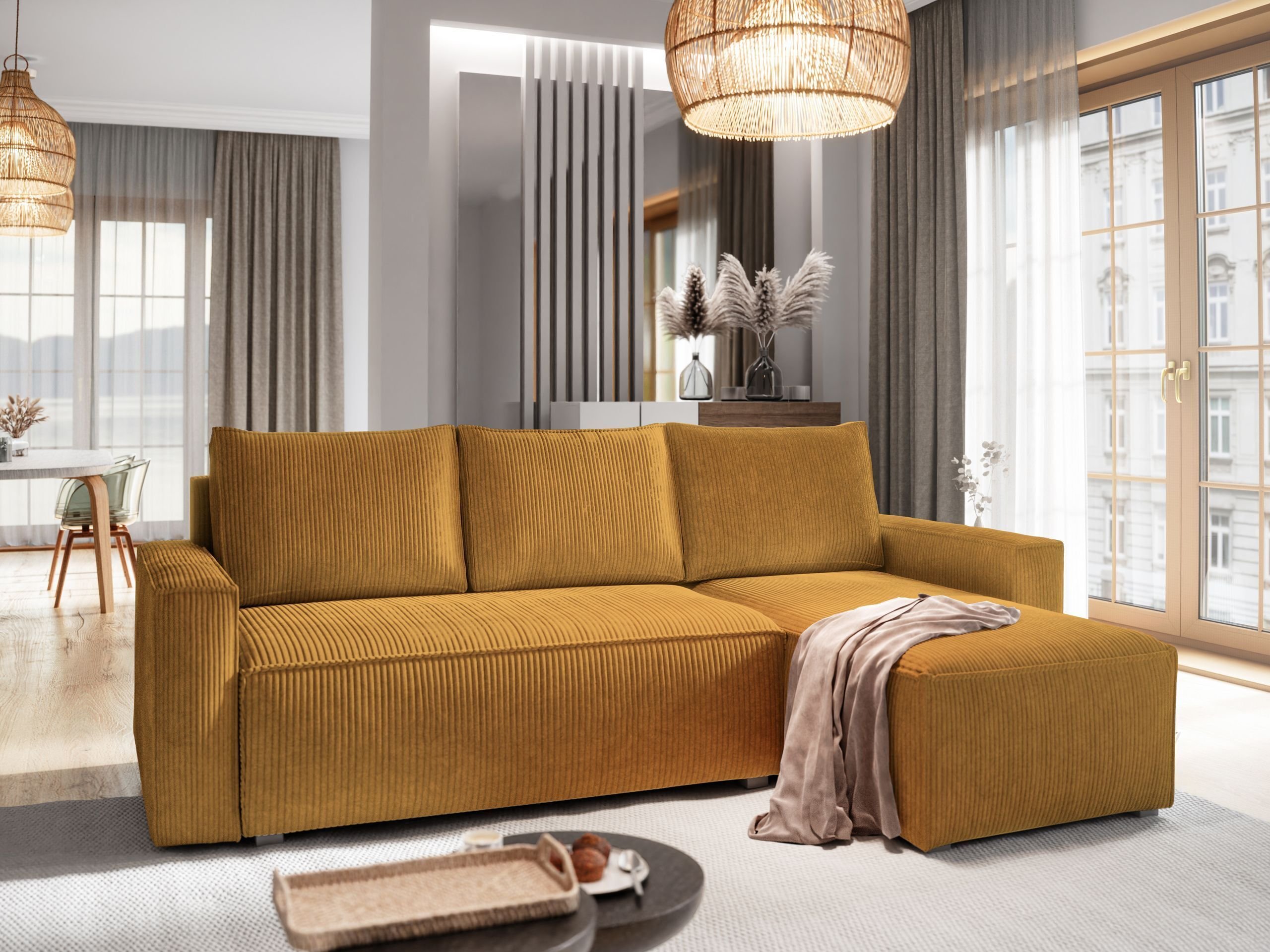 Masseno Narożnik POTARO z funkcją spania i pojemnikiem na pościel Kształt L, Rozkładana sofa, Rogówka - Żółty, POSO 01