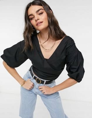 Czarna Koszula Krótka Damska z Dekoltem 46 Dug