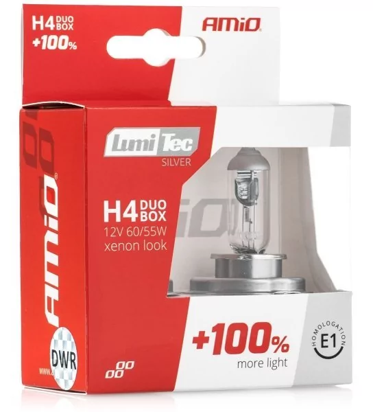 AMiO Zestaw żarówek halogenowych H4 12V 60/55W LumiTec Silver +100% Duo Box AMI-01402
