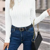 Bluzki damskie - TEMU Slim-Fit Długi Rękaw T-Shirt z Wysoką Elastycznością - Jednokolorowa Bluzka z Okrągłym Dekoltem, Casual i Elegancka, Wszechsezonowa Koszulka, - miniaturka - grafika 1