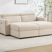 Sofy i kanapy - Kanapa 3-osobowa elektryczna relaksacyjna z głębokim siedziskiem w beżowej tkaninie BERALDA - miniaturka - grafika 1