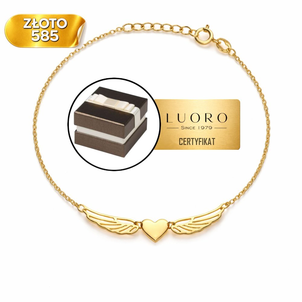BRANSOLETKA ZŁOTA 585 14K SERCE USKRZYDLONE CELEBRYTKA 17,5 CM REGULOWANA
