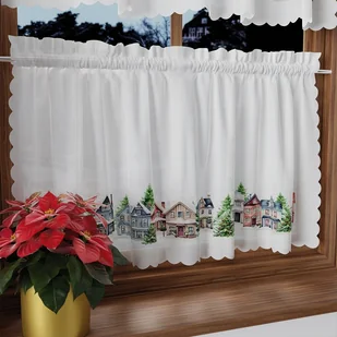 Gotowa zazdrostka z białej etaminy z nadrukiem świątecznym, Zimowe miasteczko oferowana w rozmiarze: 100x60 cm - Firany - miniaturka - grafika 1
