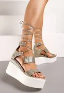 Sandały damskie - Złote Wiązane Sandały na Koturnie za Kostkę Casidra - miniaturka - grafika 1