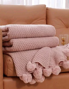 Koc pled z dzianiny tkany z pomponami,pled piknikowy BOHO 130/150cm - Koce Koc pled z dzianiny tkany z pomponami,pled piknikowy BOHO 130/150cm - Koce - miniaturka - grafika 1