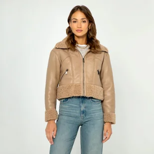 Damska kurtka z futerkiem krótka beżowa - Kurtki damskie Damska kurtka z futerkiem krótka beżowa - Kurtki damskie - miniaturka - grafika 1