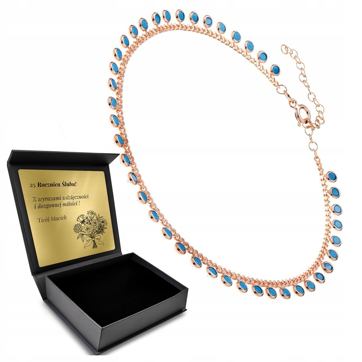 Bransoletka Na Nogę Pozłacana Różowe Złoto Turkus Delikatna Pudełko Grawer