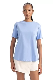 Koszulki i topy damskie - DeFacto Damska koszulka – klasyczna koszulka basic dla kobiet – wygodna koszulka dla kobiet, Por. niebieski, L - grafika 1