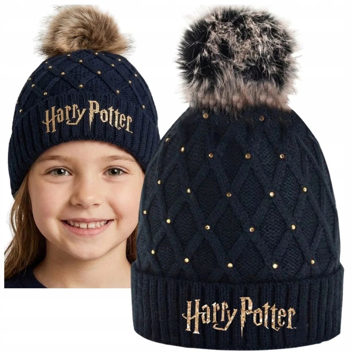 CZAPKA ZIMOWA DZIEWCZĘCA CIEPŁA CZARNA Z POMPONEM HARRY POTTER 54