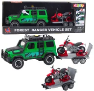 Samochody i pojazdy dla dzieci - Zestaw Samochód Terenowy Z Lawetą i Motocyklem Światła Dźwięki Zielony - miniaturka - grafika 1