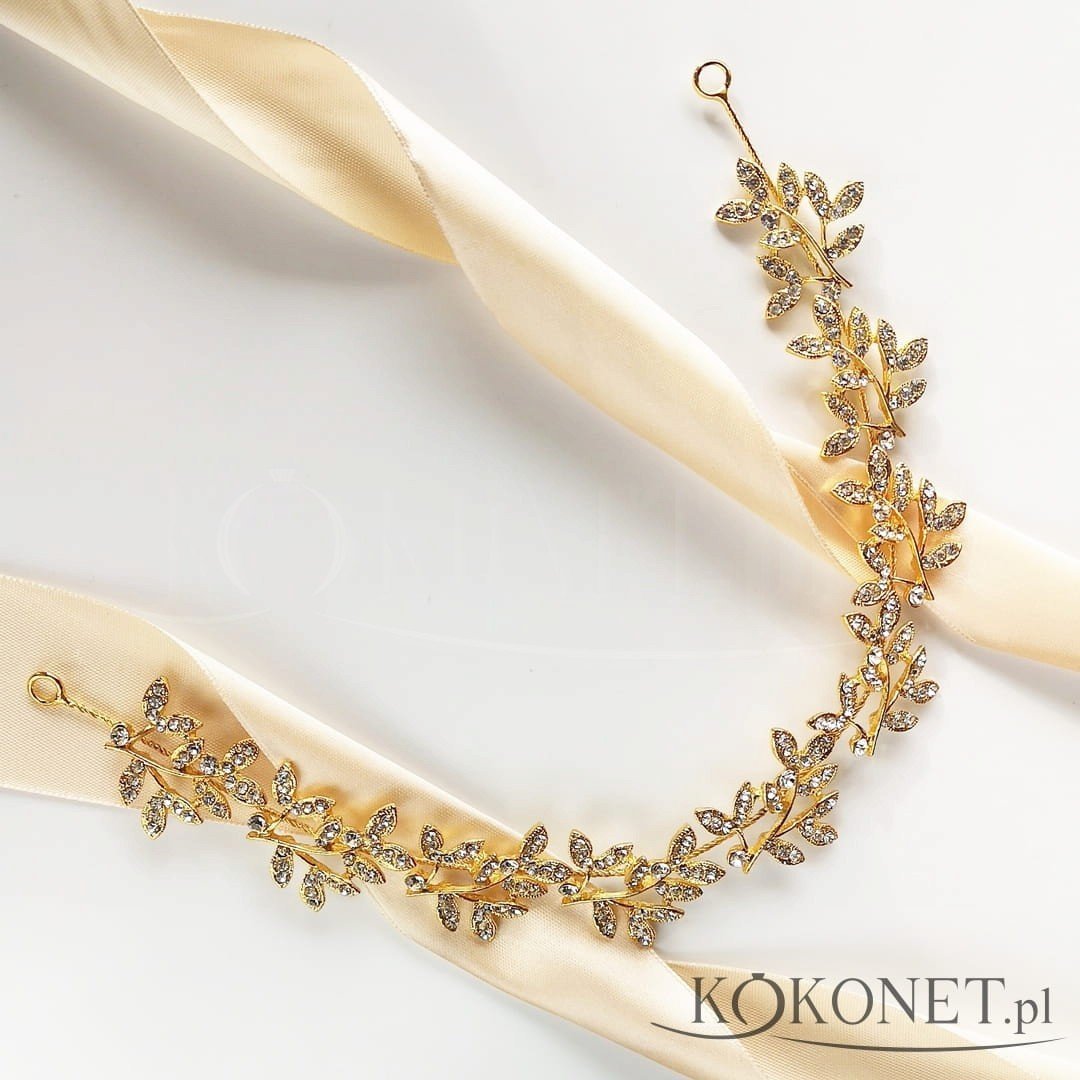 Gałązka opaska złota z listkami i cyrkoniami