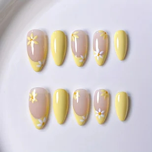TEMU 10 sztuk francuskiej manicure w kształcie migdała - żółte z delikatnym kwiatowym wzorem, błyszcząca powłoka, idealne na wiosnę i , akcesoria do - Sztuczne paznokcie i akcesoria - miniaturka - grafika 1